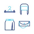 Set line Clutch bag, Skirt, Winter hat with ear flaps and Hanger wardrobe icon. Vector