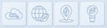Set line CO2 emissions in cloud, Location with leaf, Earth globe and leaf and Light bulb with leaf. White square button
