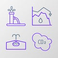 Set line CO2 emissions in cloud, Oilfield, Drop crude oil price and pump or pump jack icon. Vector