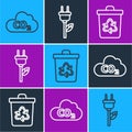 Set line CO2 emissions in cloud, Recycle bin with recycle and Electric saving plug in leaf icon. Vector Royalty Free Stock Photo
