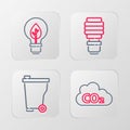 Set line CO2 emissions in cloud, Trash can, LED light bulb and Light with leaf icon. Vector Royalty Free Stock Photo