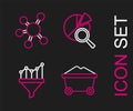 Set line Coal mine trolley, Sales funnel with chart, Search data analysis and Project team base icon. Vector
