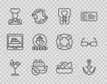 Set line Cocktail, Anchor, Life jacket, Cruise ship, Cook, Sinking cruise and Glasses icon. Vector