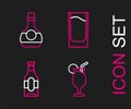 Set line Cocktail, Beer bottle, Shot glass and Bottle of cognac or brandy icon. Vector