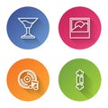 Set line Cocktail, Photo, Vinyl disk and Candy. Color circle button. Vector