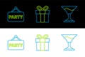 Set line Cocktail, Signboard party and Gift box icon. Vector