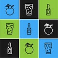 Set line Coconut cocktail, Champagne bottle and Glass of beer icon. Vector