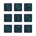 Set line Coconut, Orange fruit, Corn, Apple, Cucumber, Avocado, Asparagus and Healthy icon. Vector