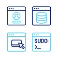 Set line Code terminal, Browser files, Server, Data, Web Hosting and Create account screen icon. Vector Royalty Free Stock Photo