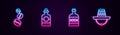 Set line Coffee beans, Tequila bottle, and Mexican sombrero. Glowing neon icon. Vector