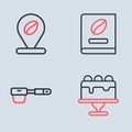 Set line Coffee book, filter holder, Cake and Location with coffee bean icon. Vector Royalty Free Stock Photo