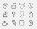 Set line Coffee cup, Bag coffee beans, Barista, filter holder, and icon. Vector Royalty Free Stock Photo