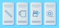 Set line Coffee cup flat, Blank notebook and pencil with eraser, Ruler and Scotch icon. Vector Royalty Free Stock Photo