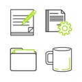 Set line Coffee cup flat, Document folder, settings with gears and Blank notebook and pencil eraser icon. Vector Royalty Free Stock Photo