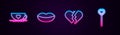 Set line Coffee cup and heart, Smiling lips, Broken and Lollipop. Glowing neon icon. Vector