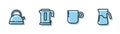Set line Coffee cup, Kettle with handle, Electric kettle and Jug glass water icon. Vector Royalty Free Stock Photo
