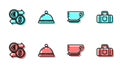 Set line Coffee cup, Money exchange, Hotel service bell and Suitcase icon. Vector Royalty Free Stock Photo