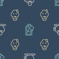 Set line Coffee cup with skull, Man poisoning and Beaker toxic liquid on seamless pattern. Vector