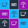 Set line Coffee cup, Sun protective umbrella for beach and Airline ticket icon. Vector