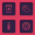 Set line Coffee cup to go, Hotdog sandwich, Scrambled eggs and Donut. Blue square button. Vector