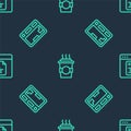 Set line Coffee cup to go, Keyboard and Software on seamless pattern. Vector Royalty Free Stock Photo