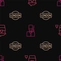 Set line Coffee cup to go, London sign and British soldier on seamless pattern. Vector