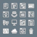 Set line Coffee cup to go, Server, Data, Web Hosting, Software, Processor, Cloud technology data transfer, Clipboard