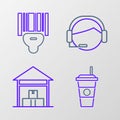Set line Coffee cup, Warehouse, Support operator in touch and Scanner scanning bar code icon. Vector Royalty Free Stock Photo