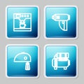 Set line Coffee machine and cup, Electric industrial dryer, mixer and Air compressor icon. Vector