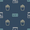 Set line Coffee machine, Full trash can and Digital alarm clock on seamless pattern. Vector Royalty Free Stock Photo