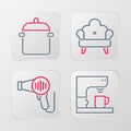 Set line Coffee machine, Hair dryer, Sofa and Cooking pot icon. Vector