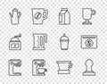 Set line Coffee machine, tamper, Bag coffee beans, Teapot, Electric kettle, V60 maker and icon. Vector