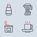 Set line Coffee maker moca pot, Manual coffee grinder, cup and Milk bottle icon. Vector