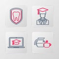 Set line Coffee pot with cup, Graduation cap on laptop, Graduate graduation and Dental protection icon. Vector