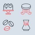 Set line Coffee table, beans, Pour over coffee maker and Cake icon. Vector