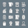 Set line Coffee tamper, Bag coffee beans, filter holder, machine, Manual grinder, cup to go and moca pot icon. Vector Royalty Free Stock Photo