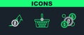 Set line Coin money with dollar, Financial growth and coin and Shopping basket icon. Vector Royalty Free Stock Photo