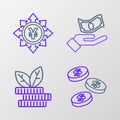 Set line Coin money with dollar, Dollar plant, Hand holding and Yen icon. Vector