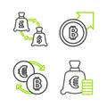 Set line Coin money with euro symbol, Cryptocurrency exchange, Financial growth and bitcoin and Currency icon. Vector Royalty Free Stock Photo