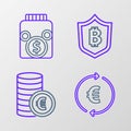 Set line Coin money with euro symbol, Shield bitcoin and Glass jar icon. Vector