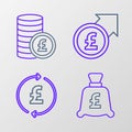 Set line Coin money with pound, Financial growth and and icon. Vector