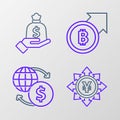 Set line Coin money with Yen, Money exchange, Financial growth and bitcoin and Hand holding bag icon. Vector