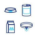 Set line Collar and heart, Bag of food for cat, Canned and Pet bowl icon. Vector Royalty Free Stock Photo