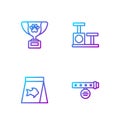 Set line Collar with name tag, Food for fish, Pet award symbol and Cat scratching post toy. Gradient color icons. Vector Royalty Free Stock Photo