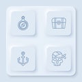 Set line Compass, Antique treasure chest, Anchor and Pirate captain. White square button. Vector