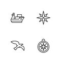 Set line Compass, Bird seagull, Cargo ship and Wind rose icon. Vector