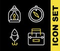 Set line Compass, Case container for wobbler, Fishing lure and Camping lantern icon. Vector Royalty Free Stock Photo