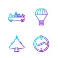 Set line Compass, Jet fighter, Airport luggage towing truck and Box flying on parachute. Gradient color icons. Vector