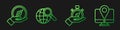 Set line Compass, Compass, Magnifying glass with globe and Monitor with location marker. Gradient color icons. Vector
