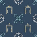 Set line Compass, Metal detector in airport and Plane propeller on seamless pattern. Vector